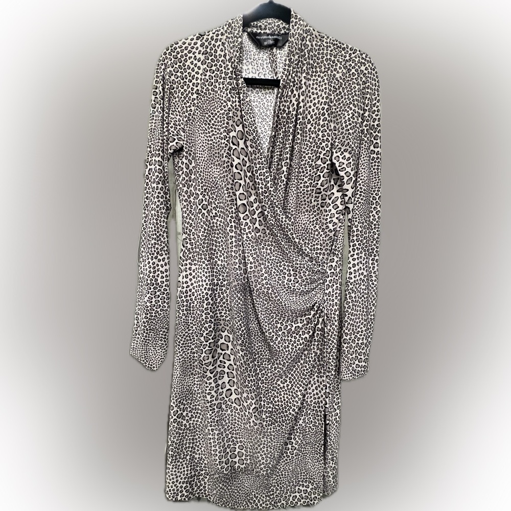 Norma Kamali SZ L Dress Faux Wrap Draped Gray Blk Animal Print Slinky Stretch